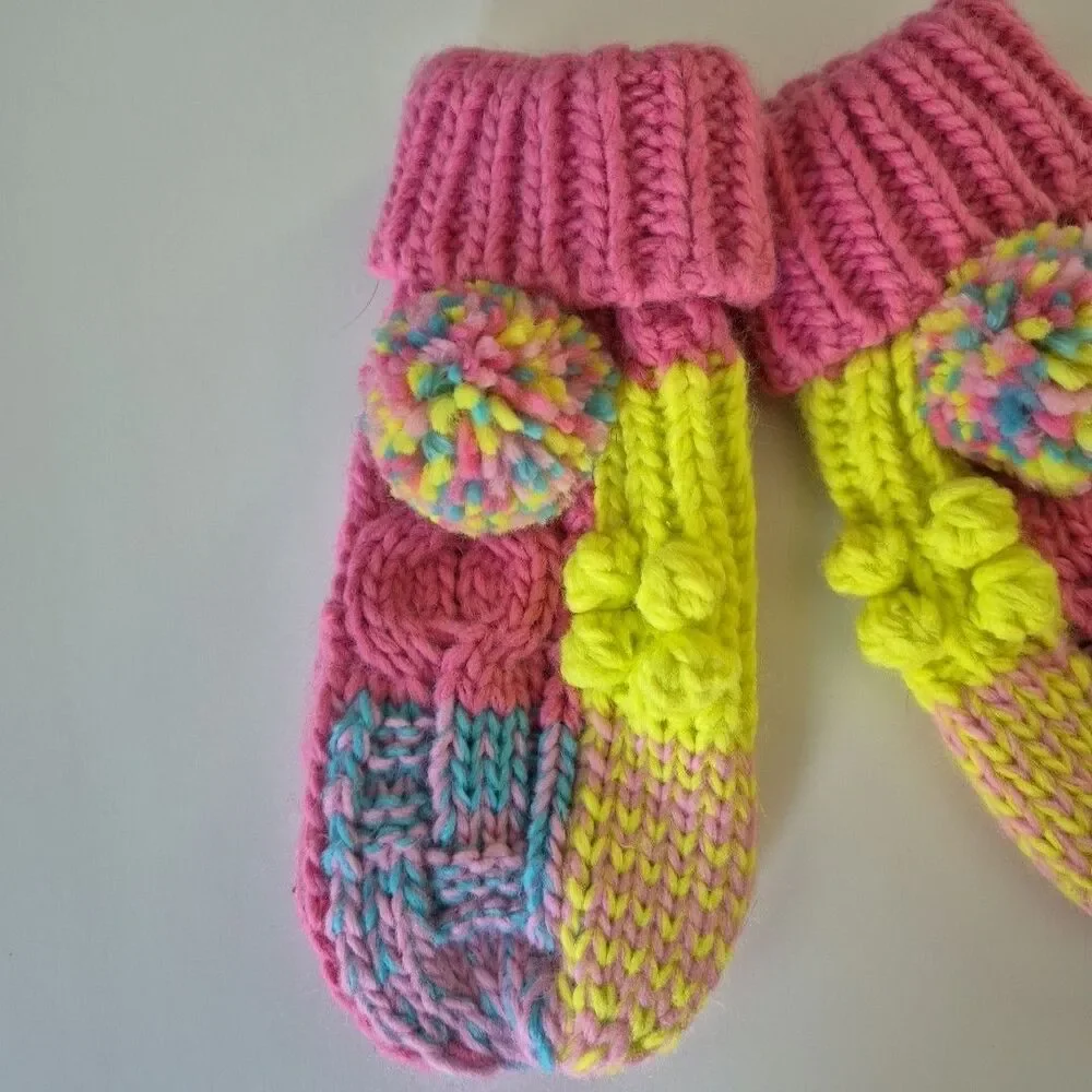 Handmade Pink Yellow Blue Pom Pom Crochet Mittens Womens Small or Girls Large